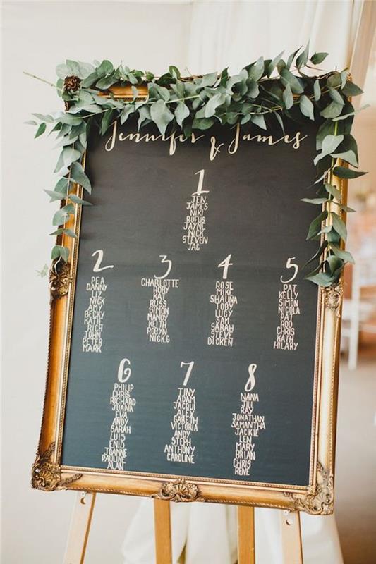 Beyaz, barok çerçeve ve defne çelengi ile yazılmış konuk isimleri ve masa numaraları ile düğün için tahta masa planı şablonu