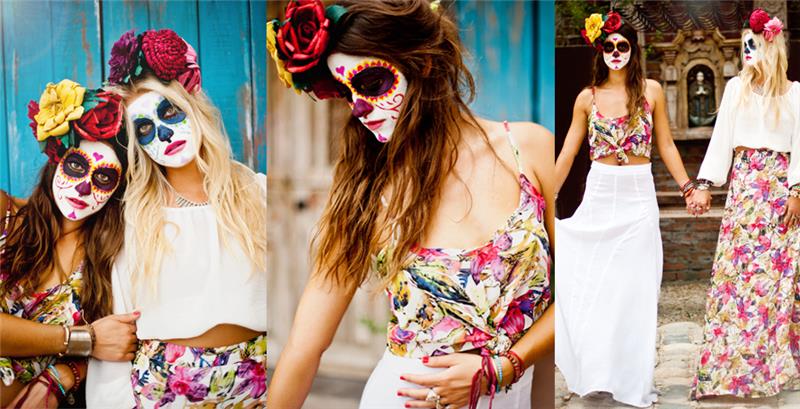 suaugusių moterų kostiumas, cukraus kaukolė, spalvingas makiažas, gėlių karūna ir gėlių rašto apranga