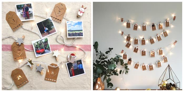 Kalėdinė sienų puošmena šviesioje girliandoje su nuotraukomis, kabančiomis už kraftpopieriaus etikečių ant balto pono, suasmeninto advento kalendoriaus
