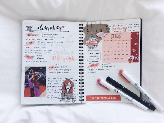 şık okul günlüğü, haftalık ve aylık takvim, scrapbooking teknikleri, yapıştırılan resimler, en sevdikleri müzik grubunun çizimleri ve fotoğrafları