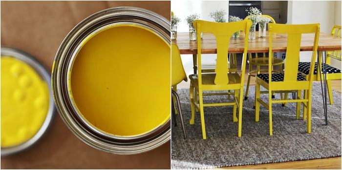 Ahşap masa, gri halı ve çiçekli orta sehpa ile yemek odanız için sarı boya ile yeniden tasarlanan sandalye