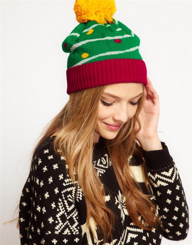 Božično darilo za 15 -letno dekle, božični klobuk v rdeči, zeleni barvi z rumenim pomponom
