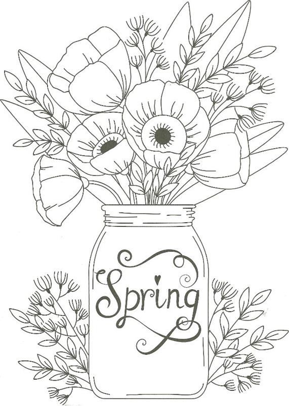 cvetlični lonček v steklenem kozarcu z besedo pomlad in šopek pomladnega cvetja, pobarvanka za tiskanje
