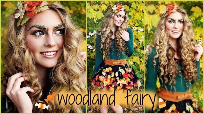 pasakų kostiumo idėja, miško nimfa, garbanoti plaukai, žalia palaidinė, trumpas juodas sijonas su lapų puošmena, nukritusių lapų vainikas