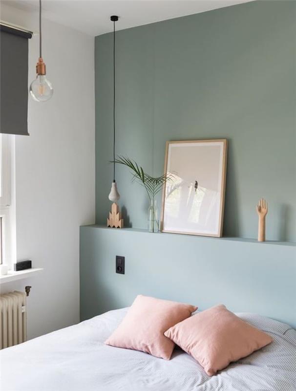 kako okrasiti svojo sobo, sivo zelena stena, belo posteljnino in roza blazine, originalne suspenzije