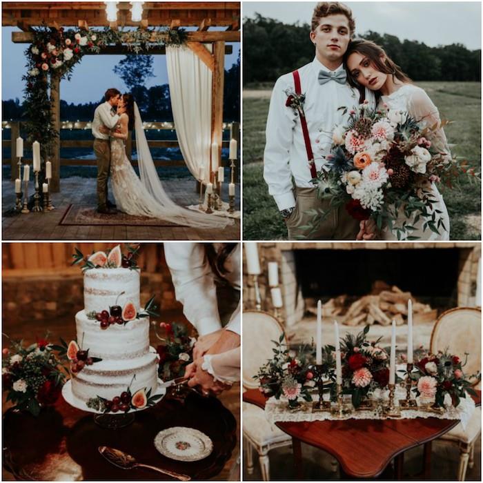 rudeniškas šalies dekoras, gėlės, žvakės ir gėlių arka rudens spalvomis, graži susituokusi pora, graži kaimiška suknelė