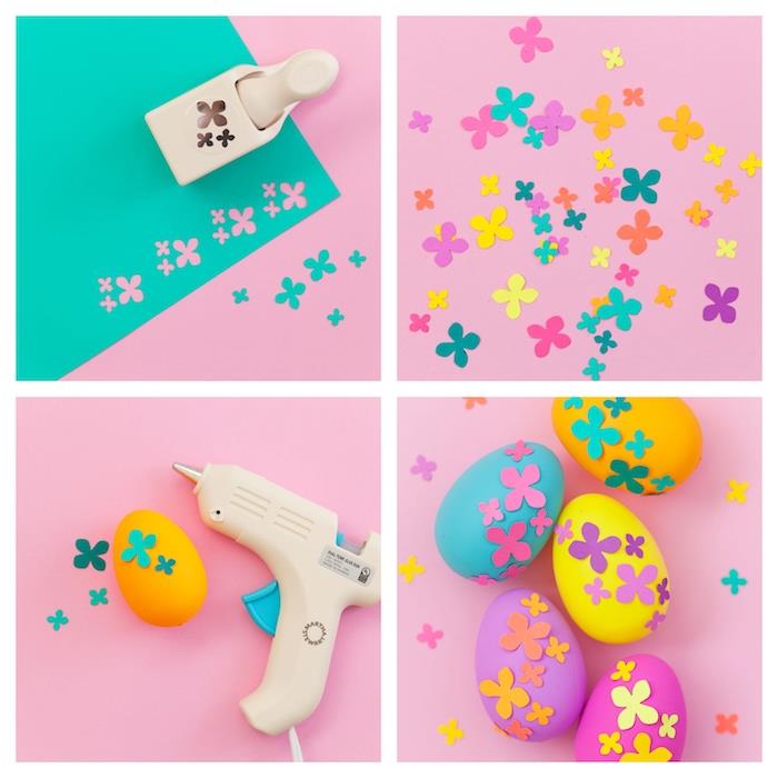 barvna jajca, okrašena z majhnimi barvitimi papirnatimi cvetovi, lepljenimi s pištolo za lepilo, velikonočna dekoracija za izdelavo