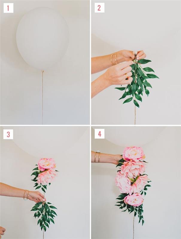 poročni dekor, ki ga naredite sami, bel balon s cvetočim repom potonik in listnatimi vejami, enostavna vadnica DIY