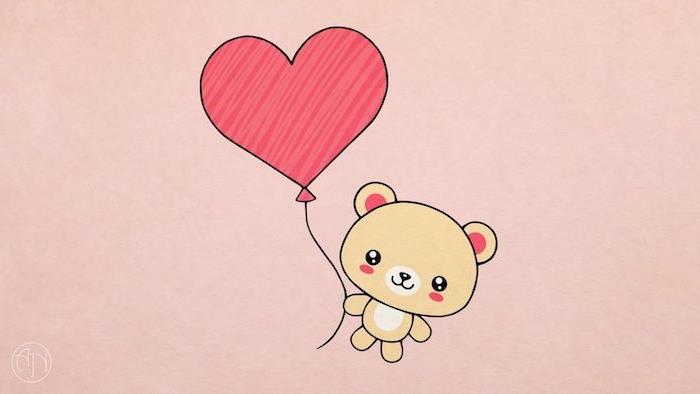 sevimli hayvan çizimi, pembe arka planda kalp şeklinde balonlu oyuncak ayı, sevgililer günü için ne tasarım