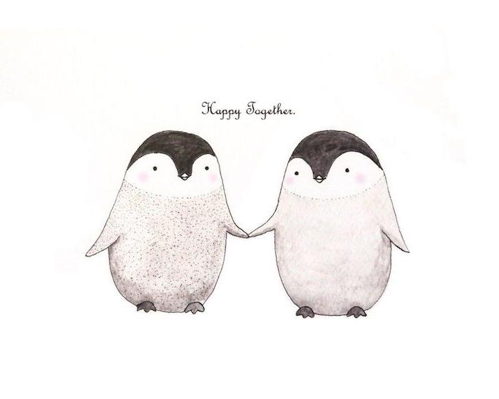 sevimli penguenler nasıl çizilir, el ele tutuşan sevgili penguenler çizimi, birlikte mutlu metinler