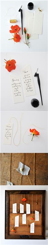 „pasidaryk pats“ vestuvės, pamoka sukurti originalų stalo planą mediniame rėme su baltomis etiketėmis ir raudona gėlė dekoravimui