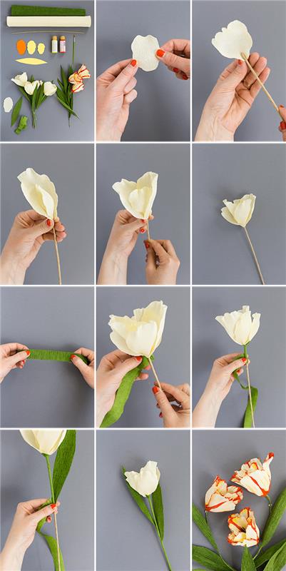 Sarı krep yapraklarından ve yeşil kağıdın yeşil yapraklarından DIY krep kağıt çiçek öğreticisi, bir kök olarak sopa