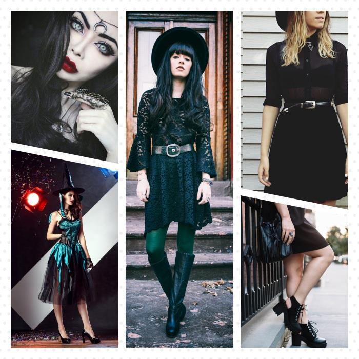 siyah elbise, siyah ayak bileği botları, koyu makyaj, koyu kırmızı ruj, mavi lensler ile kadınlar için birkaç cadı makyaj fikirleri ve cadılar bayramı kıyafeti