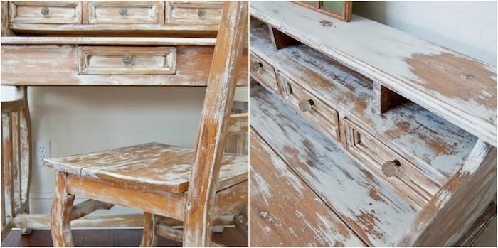 atlaikiusio baldo, rašomojo stalo ir kėdės pavyzdys, perdažytas baltais dažais su medžio paviršiumi