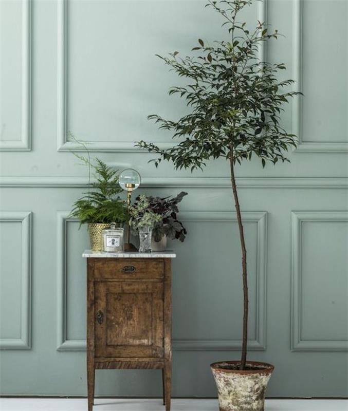 vintage sivo zelena stenska deko z dotrajanim lesenim pohištvom, zbledelimi, zelenimi rastlinami, belimi tlemi, retro elegantnim vzdušjem