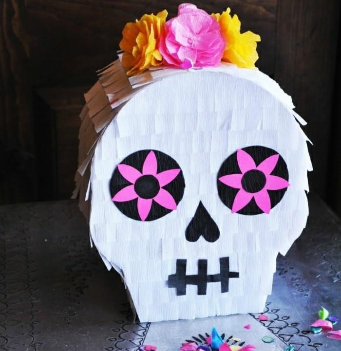 çiçek-dekore-iskelet-pinata-cadılar bayramı partisi için-fikir-nasıl yapılır-orijinal-cadılar bayramı-dekorasyonu