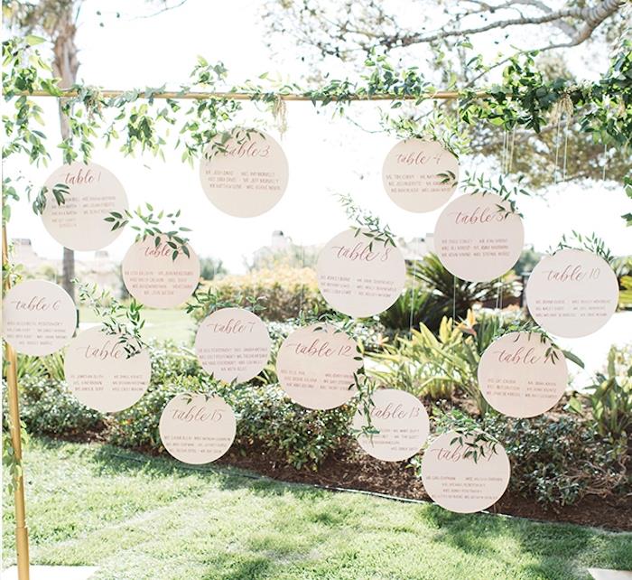 „pasidaryk pats“ vestuvių stalo planas popieriniuose apskritimuose su svečių vardais, kaligrafija, auksinis rėmas su augalais