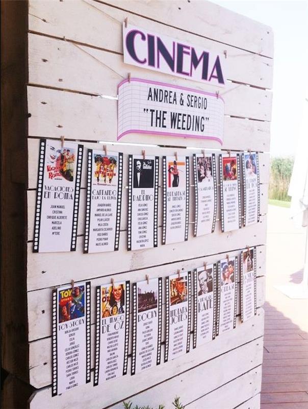filmo vietų planas, sudarytas iš bilietų į kiną, retro filmų ir stulpelyje parašyto svečių sąrašo