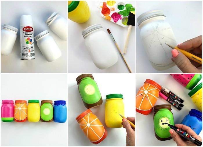 özel meyve desenli cam kavanozlardan yapılmış hızlı ve kolay bahar DIY kalem kavanozları