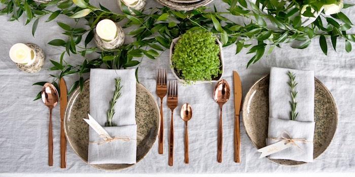 tatillerde masa saklama fikri kırmızı tabak ve yeşil bitkilerin bakır aletleri dekorasyonu