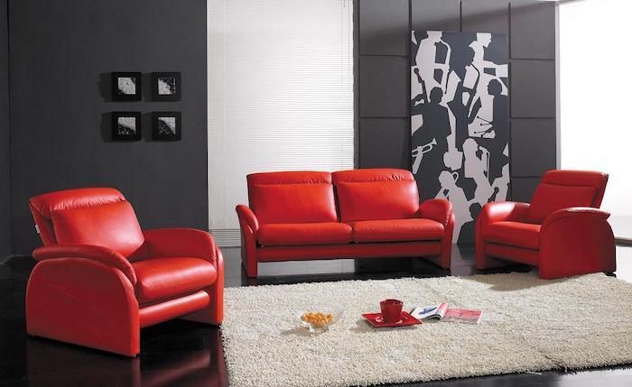 spalvų schema, antracito pilkos ir raudonos spalvos interjeras, raudona sofa ir foteliai, beveik baltas kilimas, juodos grindys