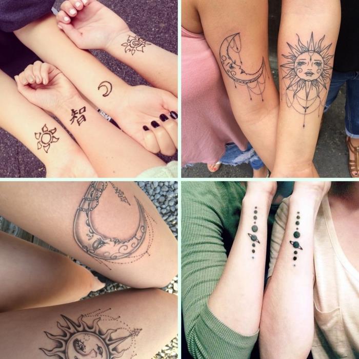 moters draugystės tatuiruotė, rašalo piešimas ant rankų ir kojų, saulės ir mėnulio tatuiruotė geriausiems draugams