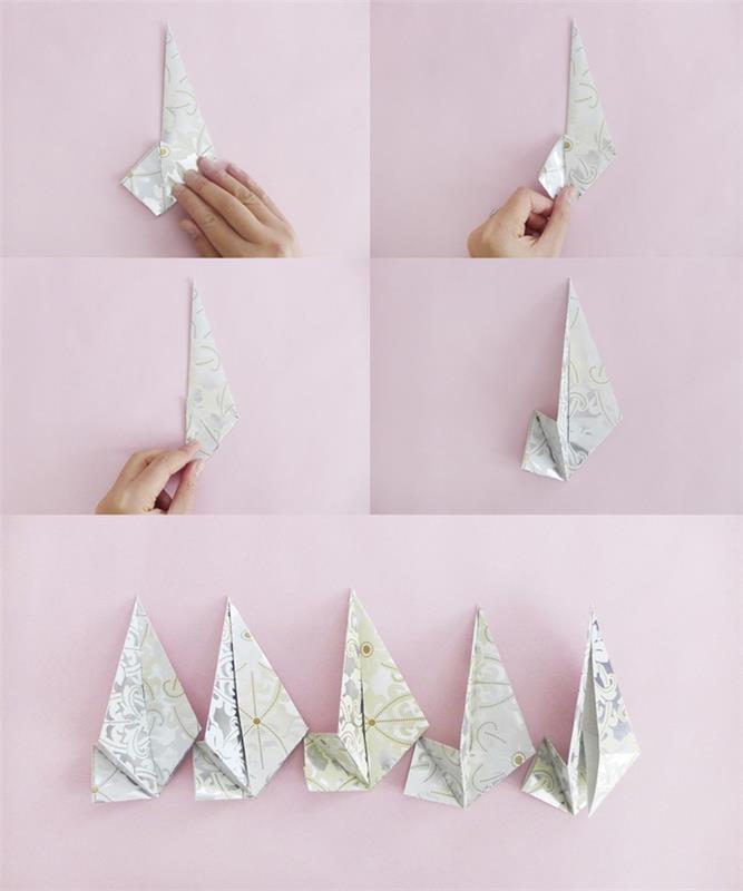 duvara asmak için bir şenlikli çelenk yapmak için metalik desenli kağıttan kolay bir origami katlanır noel yıldızı yapın