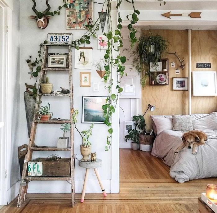 plazeča rastlina v boemski spalnici, okrasna tehtnica, preobremenjena z dekorativnimi predmeti, posteljnina iz sive in roza barve, lesena naglasna stena