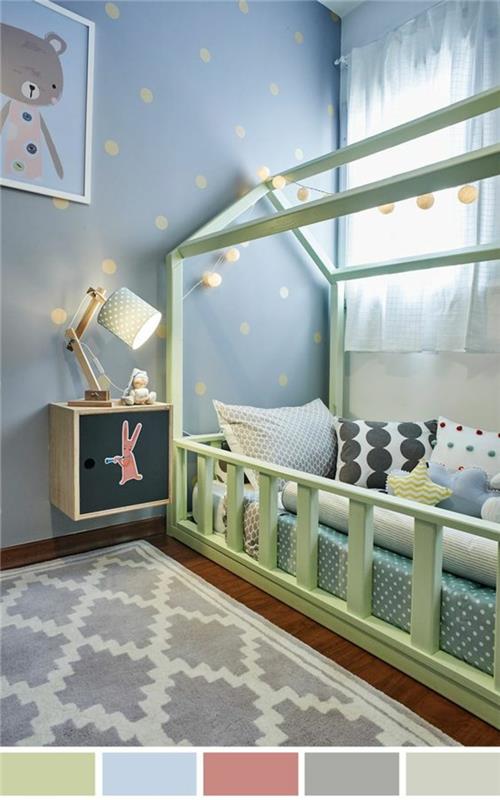 ördek mavisi duvarlar ve ördek yeşili yatak ile bebek kız yatak odası fikirleri duvarda oyuncak ayı ile bebek kızı yatak odası fikirleri koyu gri ve pembe küçük bir tavşan ile yatak mobilya