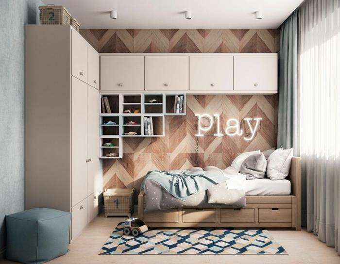 Modernus berniuko kambarys, berniuko kambario dekoras neutralios spalvos, medinis ir baltas kambario dekoras