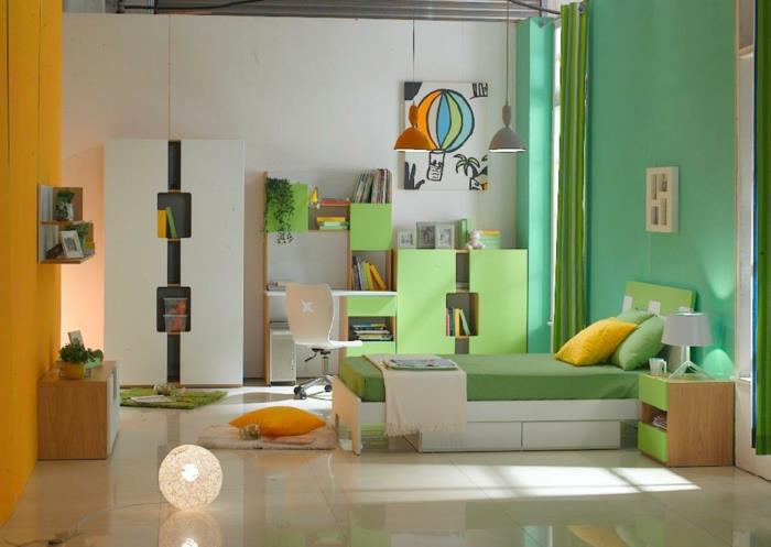 paauglių berniuko kambario apdaila, žali dekoratyviniai elementai, originali spinta, dekoratyvinės pagalvėlės