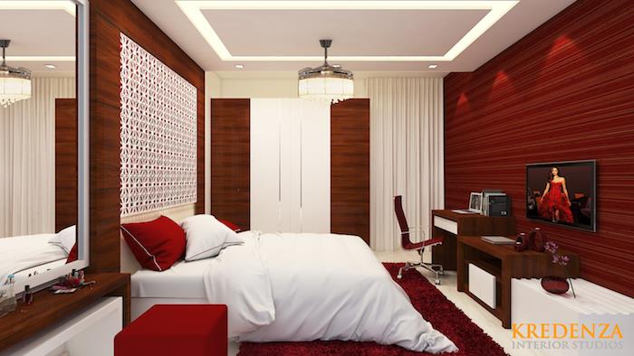 deko raudonam ir baltam suaugusiųjų miegamajam, studija porai su baltais lovų stalais ir raudonomis sienomis