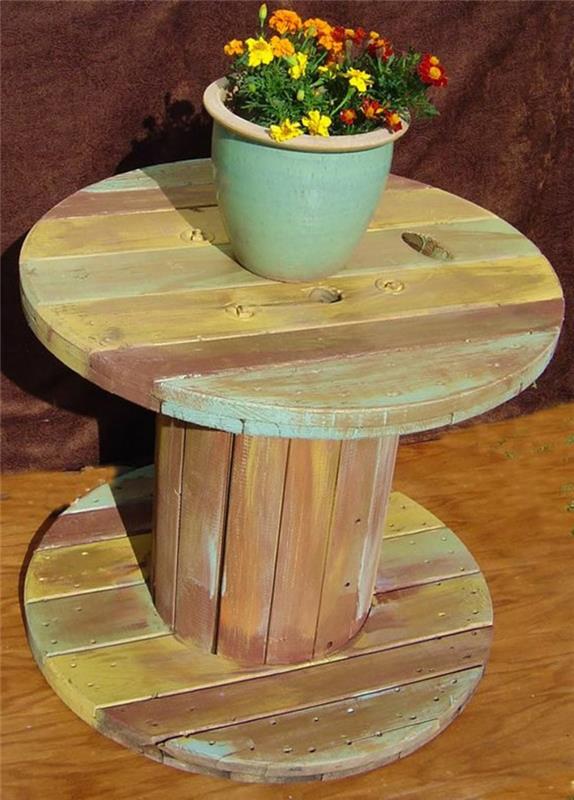vrtna ureditev, mizica iz lesenih kolutov, prebarvana v pastelne barve, cvetlični lonec iz terakote, rdeče in rumeno cvetje