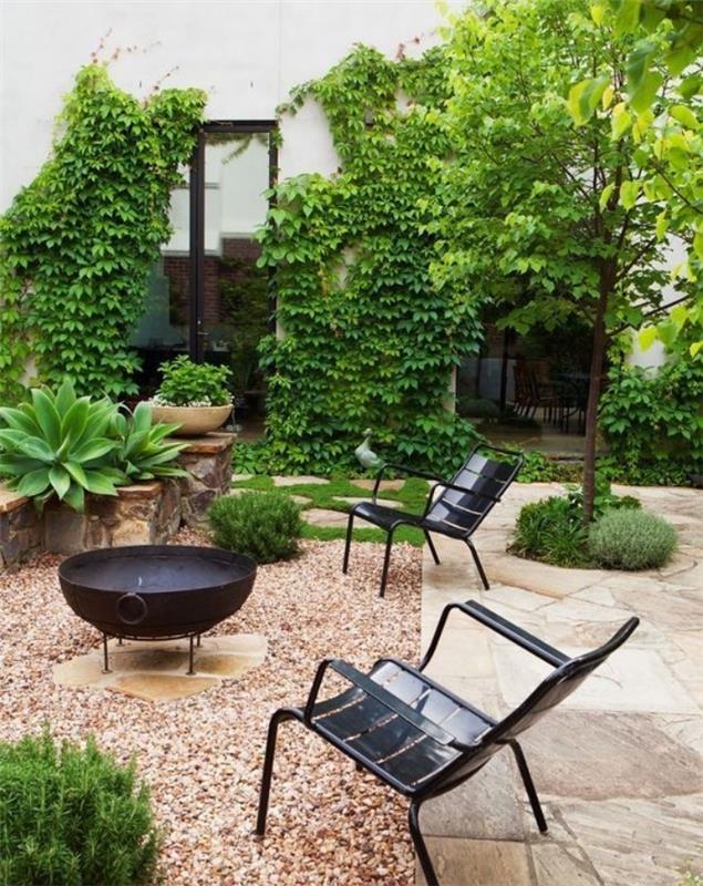 sukurti savo sodą, kepsninę su juodo metalo kėdėmis, gebenėmis apaugusią sieną, vijoklinį augalą, kaimo namą, akmens plokštes