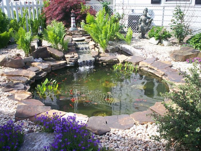 Japon bahçe dekor fikri = taş kenarlıklı Japon karp koi göleti ve birkaç bahçe bitkisi