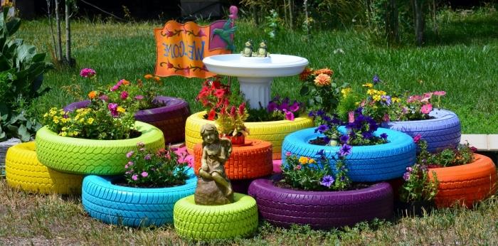 izvirna ideja za okrevanje, primer, kako pravilno urediti majhen vrt s sadilniki, narejenimi iz recikliranih pnevmatik