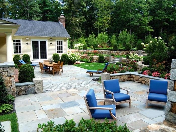 puiki sodo idėja, terasa akmens plokštėje, poilsio ir valgomojo zona su lauko stalu ir kėdėmis, veja su buksmedžiu, krūmais, gėlėmis, sodas