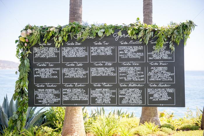 egzotiška pajūrio vestuvių puošmena su stalo planu ant lentos, kurioje svečių sąrašas parašytas balta, dekoratyvine gėlių girlianda