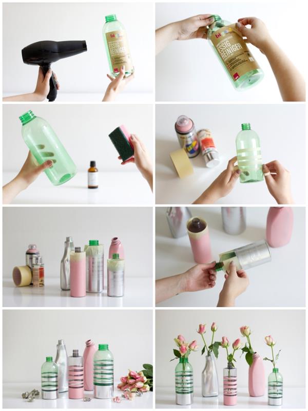 gražios vazos plastikiniuose buteliuose, dažytos dažais, lengvai surinktos dekoracijos plastikiniais buteliais