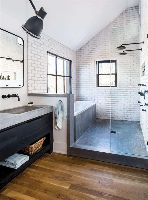 vonios kambario išdėstymas su betonine vonia, kokiomis spalvomis papuošti šiuolaikišką vonios kambarį