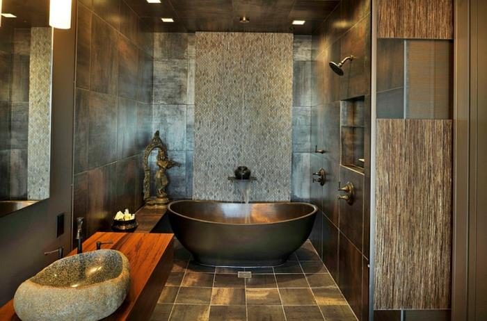 natūralus vonios kambario dekoras, medinis stalviršis, metalinė stalviršio vonia, akmeninis praustuvas