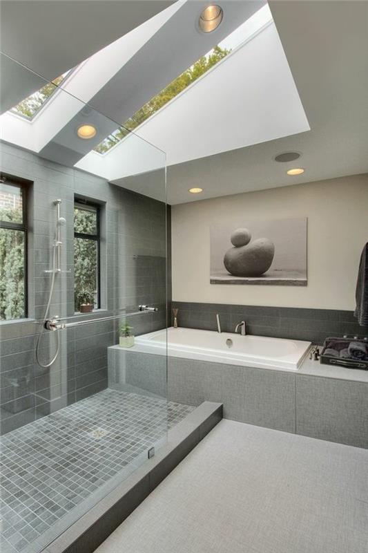 gamtos vonios kambario dekoro idėja, zen fotografija, didelė dušo kabina, lubų stoglangis