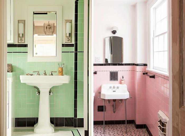 retro vonios kambario dekoro idėjos žalios plytelės juodos sienos pjedestalo kriauklė nerūdijančio plieno maišytuvo veidrodinė sieninė šviesa