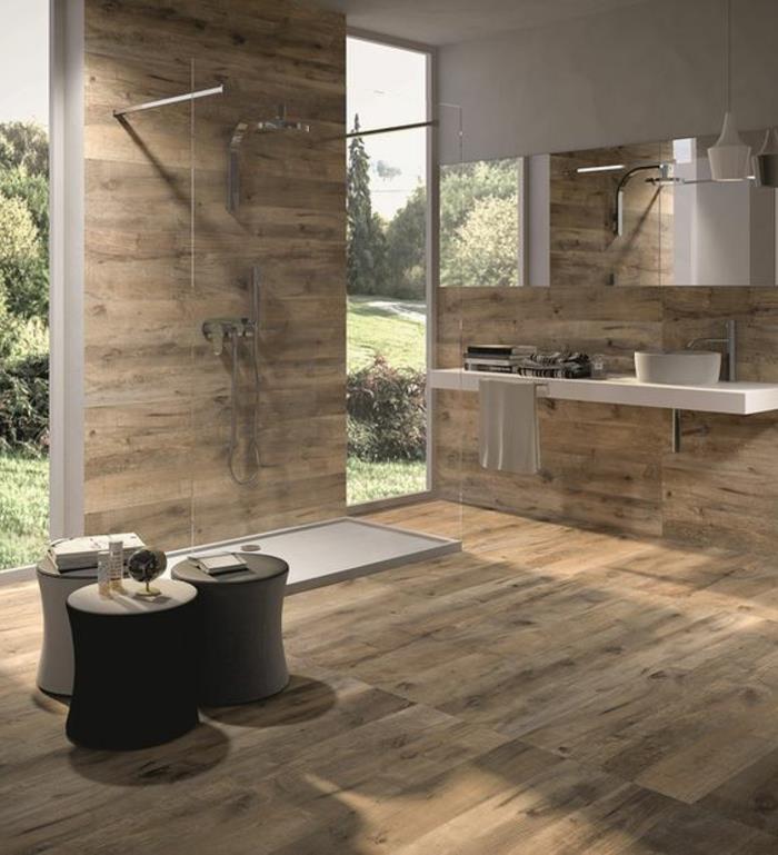 vonios kambario dekoro idėja su minimalistine įranga, medžio apdaila, minimalistinis stalviršis su mažu apvaliu baseinu