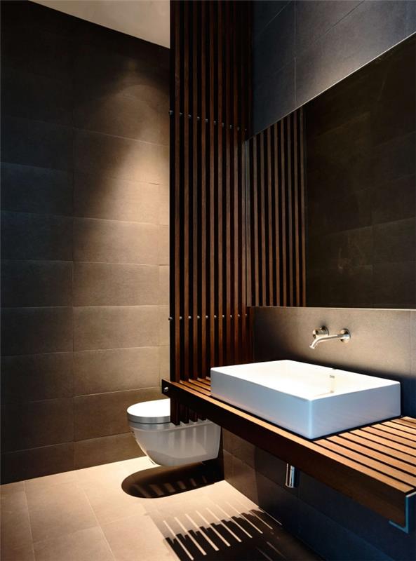 Japonijos įkvėptas tamsių spalvų ir medžio dekoras, šiuolaikiškas vonios kambario dizainas su pilkomis sienomis su kriaukle ir baltu tualetu