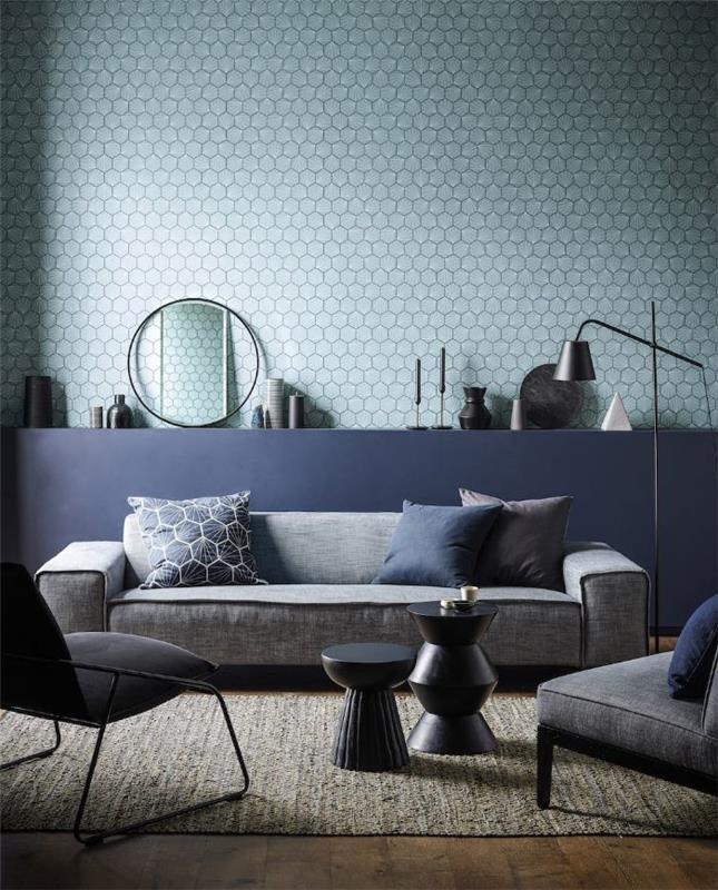 gri kanepe sandalyeler ve koltuklar ve gri masalar minimalist deco aksan ile mavi gri ve beyaz oturma odası dekor fikri