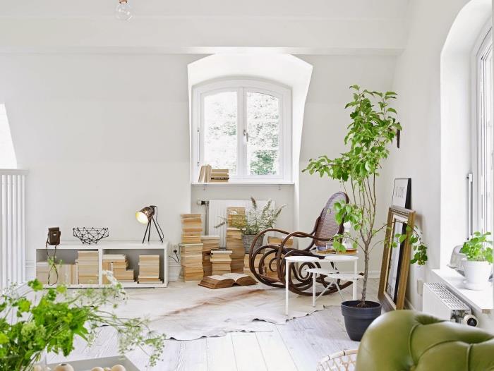 čarobna bela dnevna soba z belo in rjavo živalsko kožo, zelena rastlina, kupi knjig, lahek parket