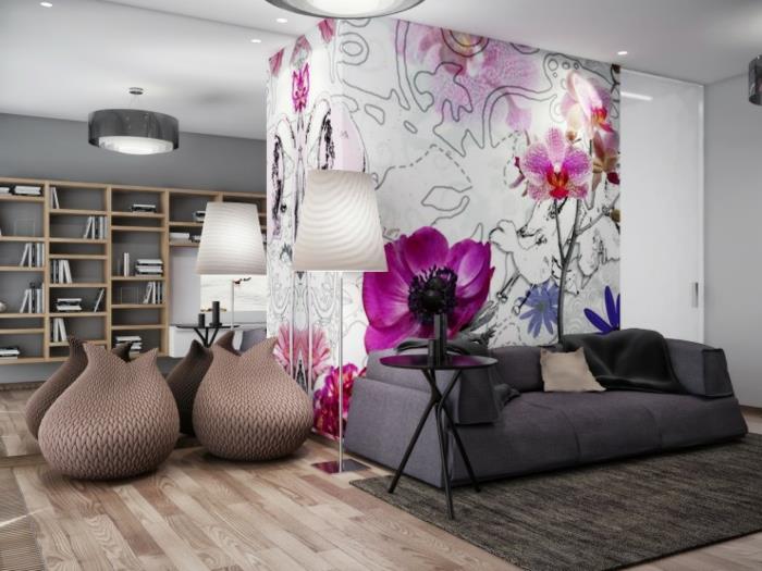 svetainės dekoro idėja, taupe spalvos osmanai, baltos lempos, medinė lentyna, pilka sofa