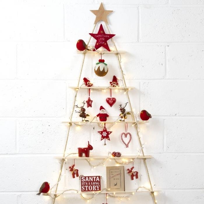 Noel ağacı dekorasyon fikri kağıt yıldız süsleri Noel Baba kalp dalları Noel ağacı ahşap ip