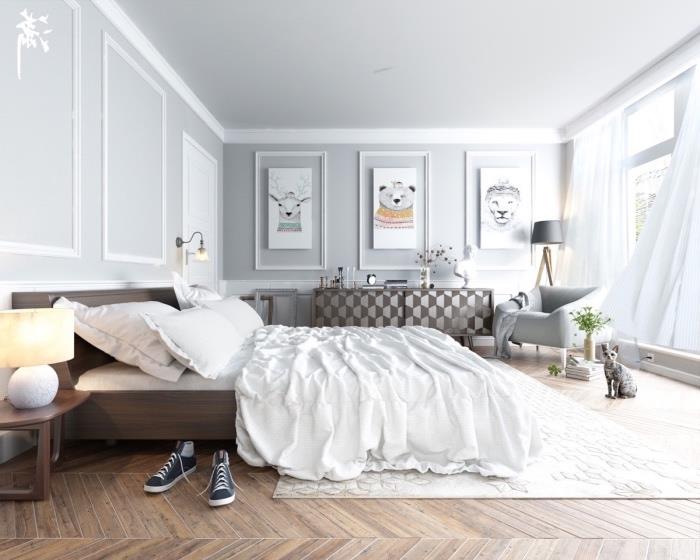 Yatak odasında İskandinav esintili dekorasyon, hafif parke, beyaz nevresim, gri ve kahverengi şifonyer, hayvan çizimi duvar dekorasyonu, gri duvar